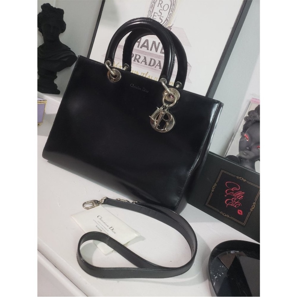Christian Dior Large Lady Dior Bag Black Leather Silver Hardware